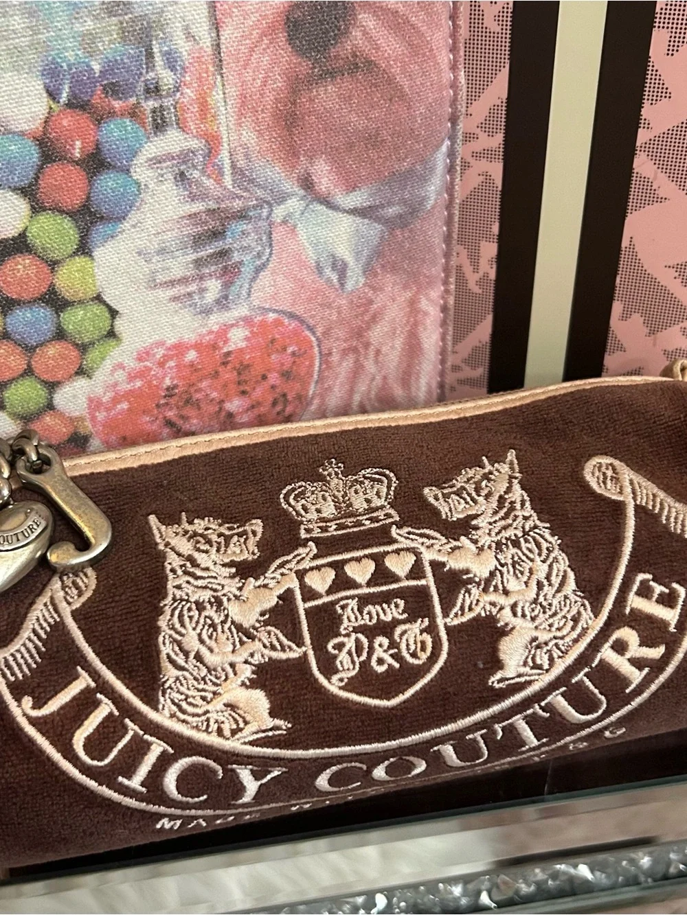 Vintage 2004 Juicy Couture Brown Velour Pink Leather Barrel Cosmetic Tootsie Bag